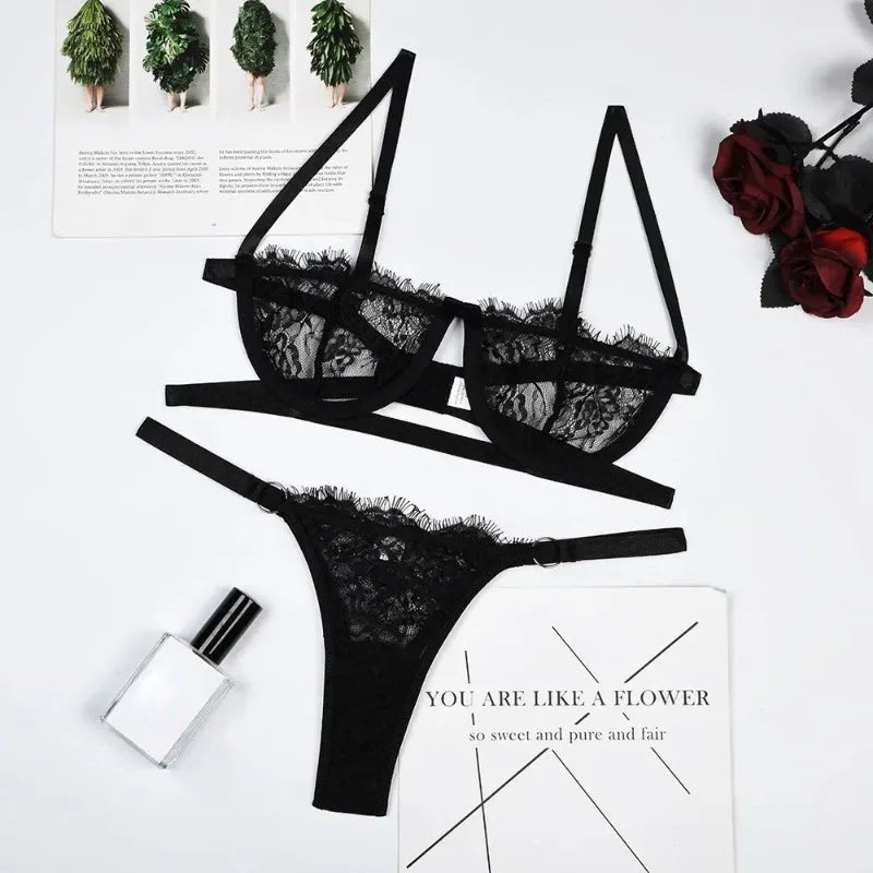 Ensemble lingerie dentelle transparente – Soutien-gorge & culotte brodés - Nuit Intime