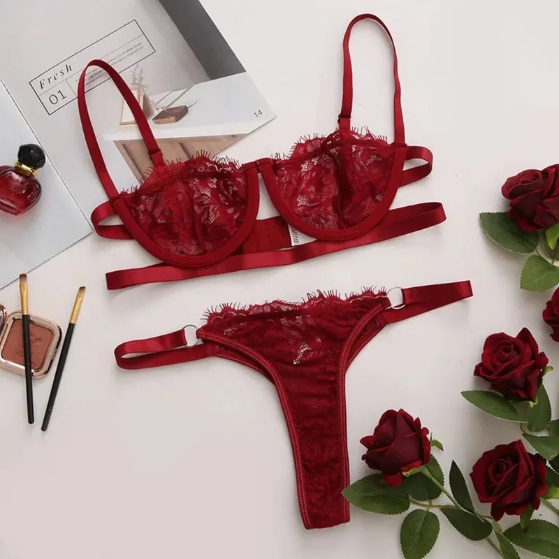 Ensemble lingerie dentelle transparente – Soutien-gorge & culotte brodés