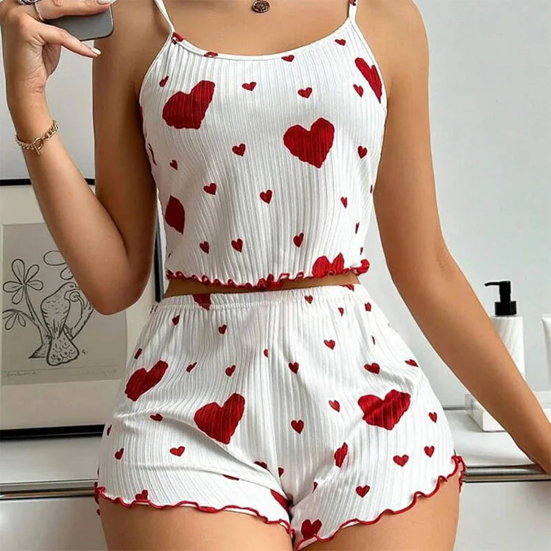 Ensemble pyjama court coton – débardeur & short imprimé cœur
