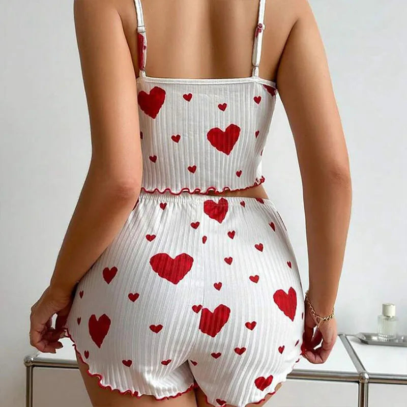 Ensemble pyjama court coton – débardeur & short imprimé cœur